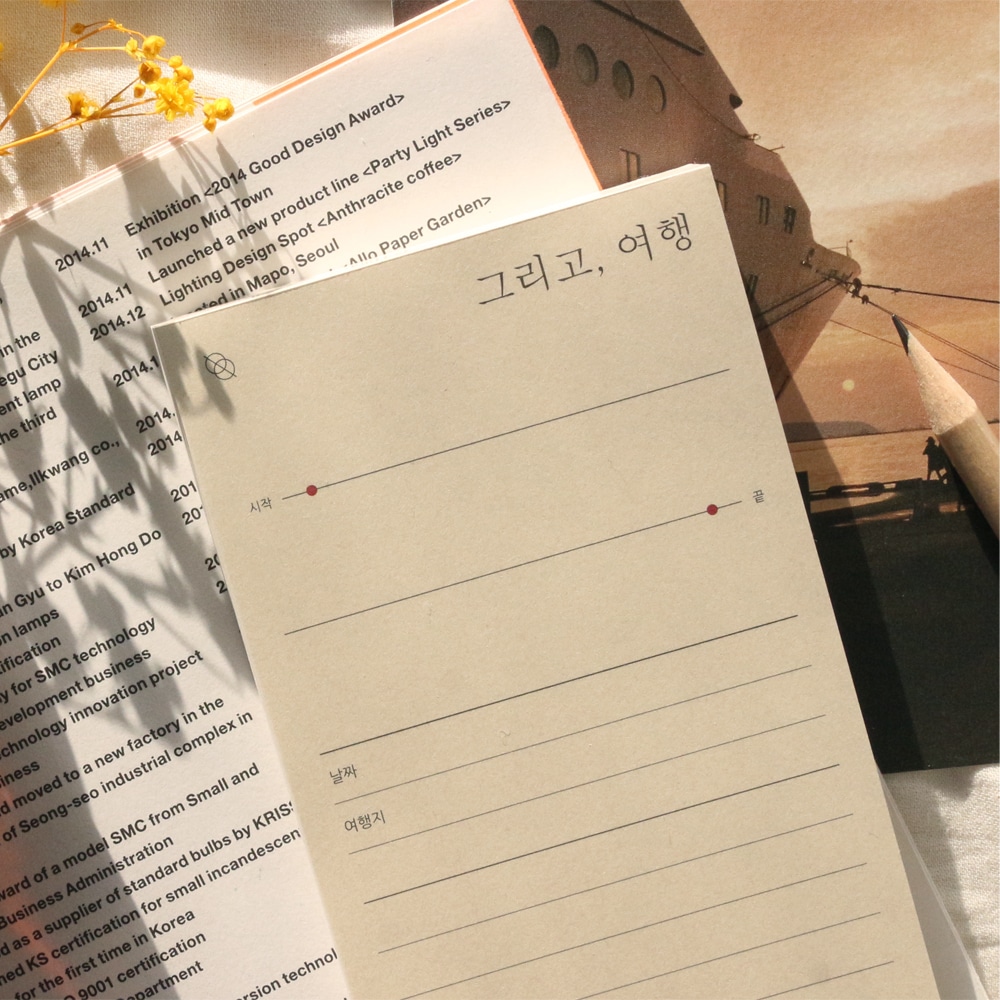Liniertes Memopad Today, And Travel von Some Mood Design mit der Ueberschrift: Und, Reisen. Darunter liegen ein Buch und eine Ansichtskarte mit Kreuzfahrtschiff.